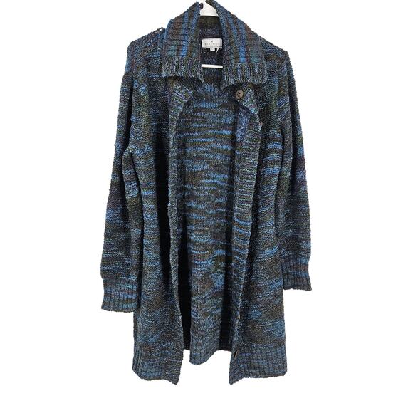 Peruvian Connection Cardigan Sweater Green Blue 100% Wool Button Front Size L - Picture 1 of 7